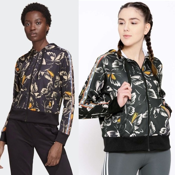 FARM RIO ADIDAS Butterfly Print Rainbow Stripe Logo Zip Up Hooded Track Jacket S - Picture 4 of 15